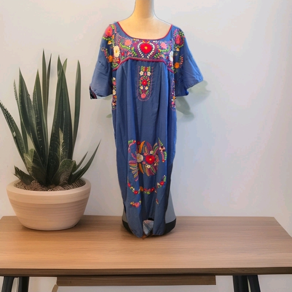 Embroidered Mexican Light Loose Boho Blue Maxi Dress